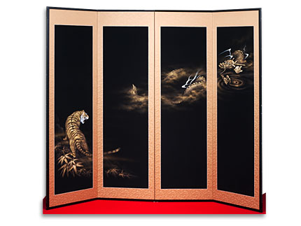 手描京友禅龍虎屏風